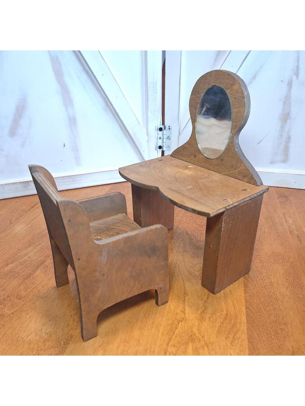 Dollhouse VTG 2pc Wood Vanity Table w/Mirror and Chair Miniature Furniture